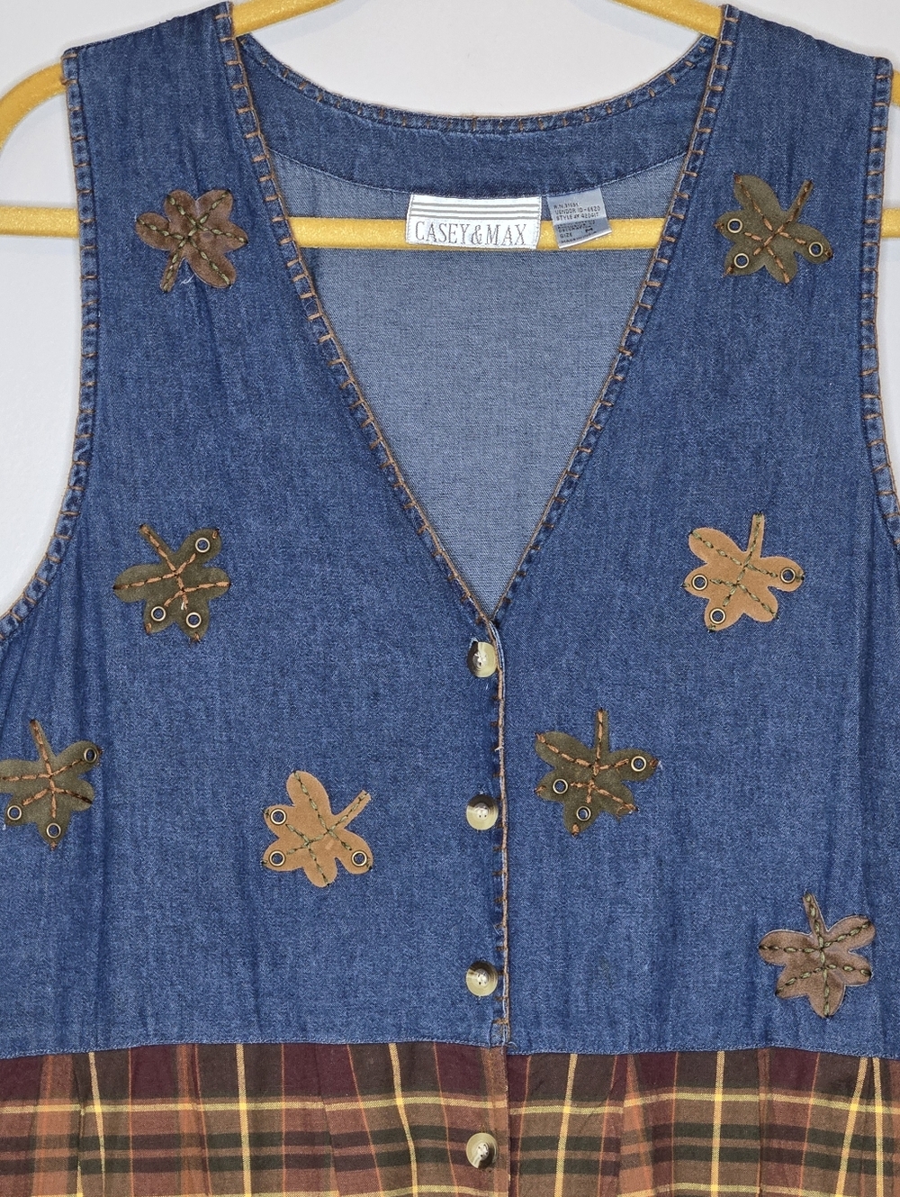 Vtg Casey & Max Denim Plaid Jumper Dress Medium Fall Leaf Embroidered Maxi 90s - Picture 3 of 8